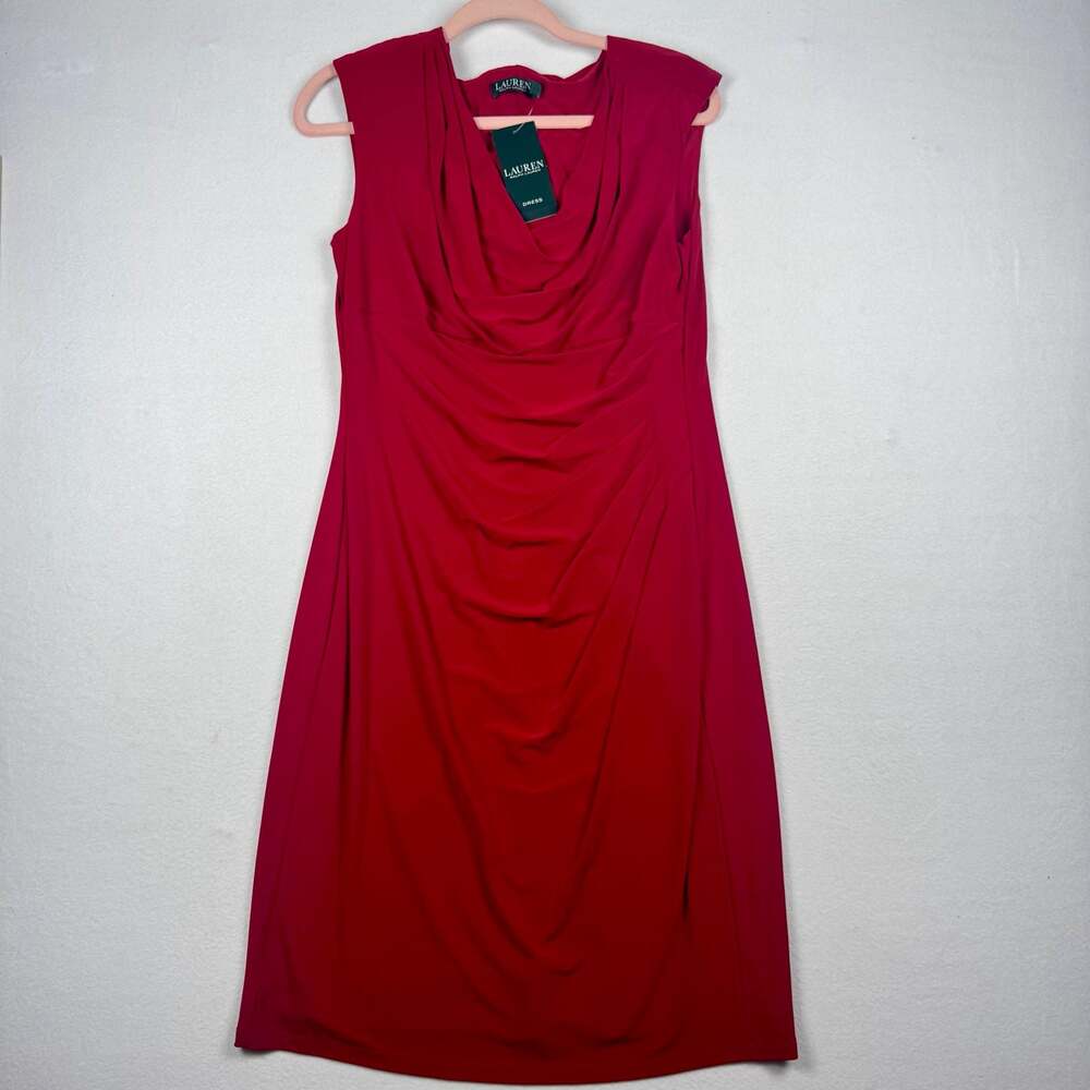 Lauren Ralph Lauren Red NWT Jersey Cowl Neck Ruched Sleeveless Dress Size 14